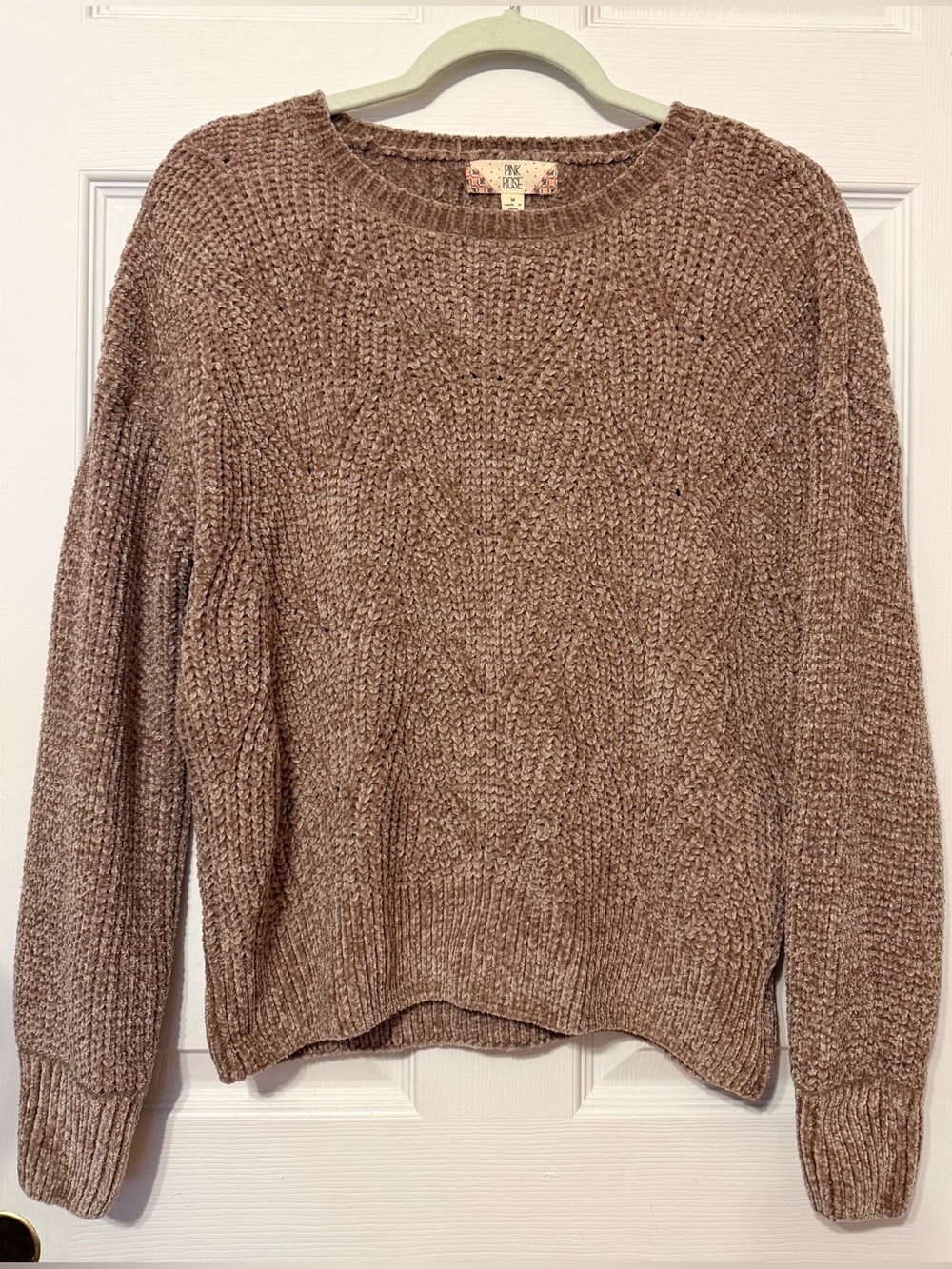 Pink Rose Soft Chenille Knit Sweater Taupe Brown Crewneck Cozy Medium